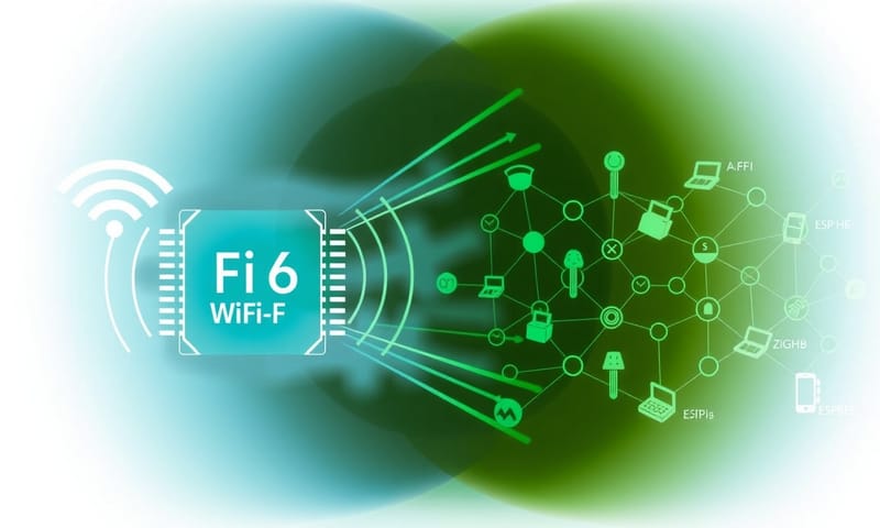 Wi-Fi 6 的廣域連接與 Thread/Zigbee 的網狀結構，象徵新一代 ESP32 的雙重能力