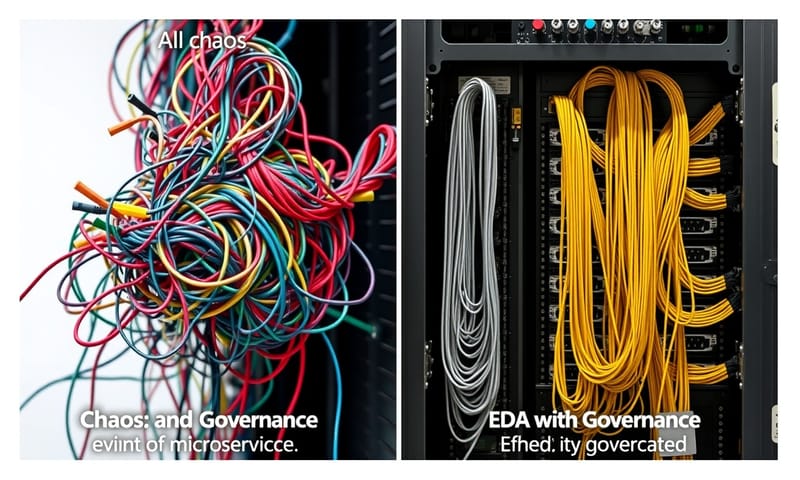 對比：左邊是缺乏治理的 EDA，像一團亂麻；右邊是良好治理的 EDA，井然有序。