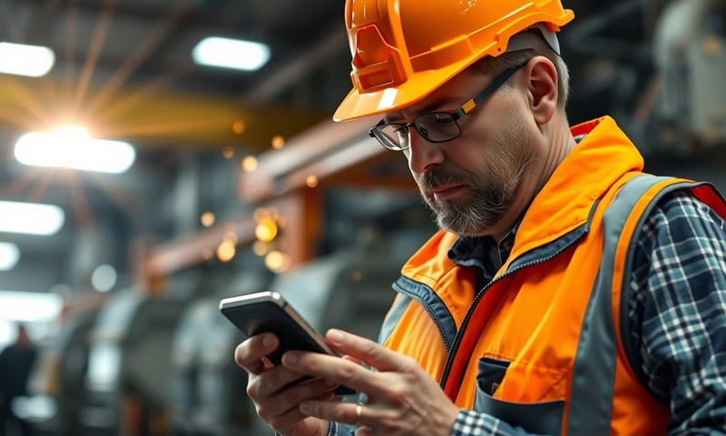 工廠領班在吵雜的產線上，直接用手機查詢機台狀況