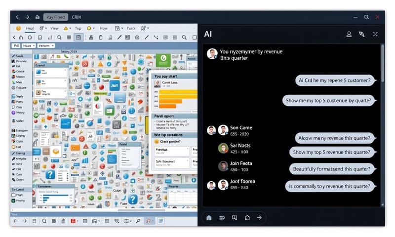 傳統 CRM 軟體介面與 AI Agent 簡潔對話框的對比