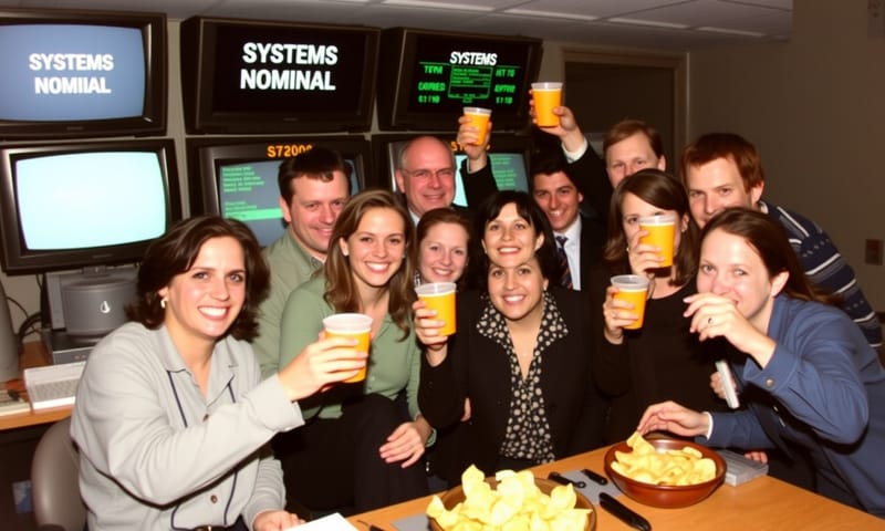 跨年夜的 Y2K 戰情室，緊張氣氛在午夜過後轉為如釋重負的笑容。