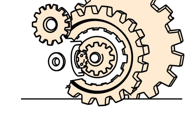 極簡線條畫：一個精密的齒輪系統，因為一個「完全符合規定」的小零件被卡死。