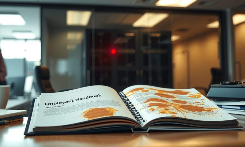 一間混亂的辦公室，桌上攤開著被咖啡弄髒的員工手冊，背景的伺服器閃著紅燈。