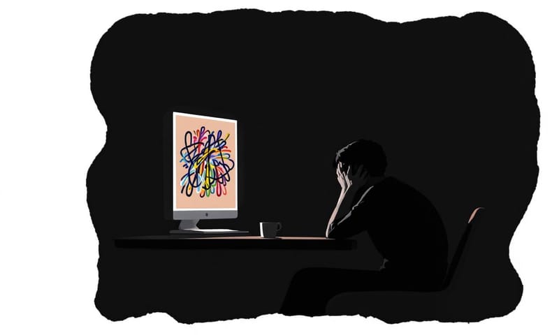 一個人在螢幕前感到困惑，螢幕上顯示著纏繞打結的線條，象徵著混亂的 AI 指令。