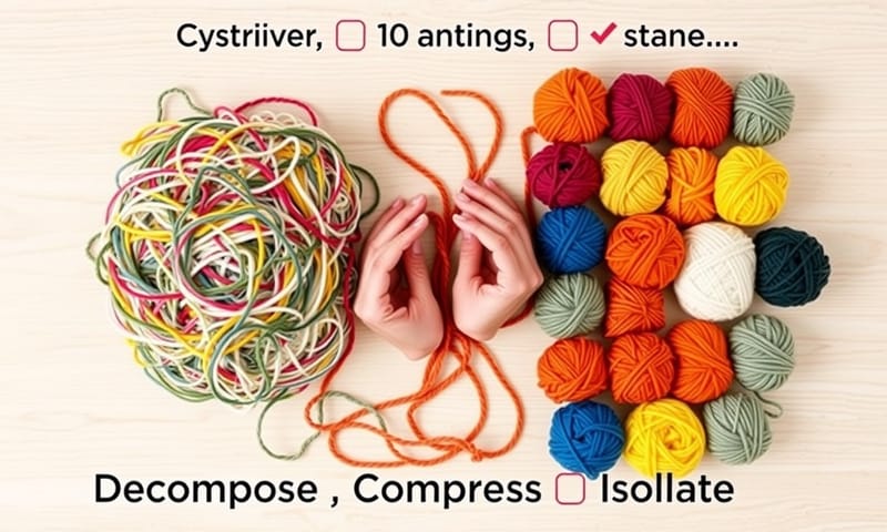 D-C-I 方法的視覺化比喻：一團雜亂的毛線被巧手分拆、壓縮成整齊的小線球。