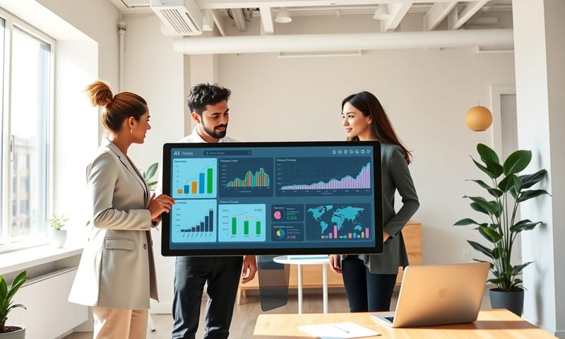 現代「先鋒企業」的工作環境，小團隊圍繞著 AI 數據儀表板協作。