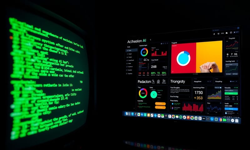 分割畫面：一邊是復古的綠色文字終端機，另一邊是現代的 AI 儀表板。