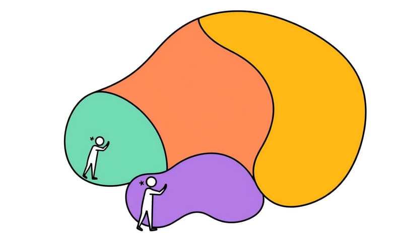 分散式所有權示意：各方管理者在共享畫布上各司其職