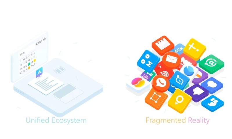 統一的 Notion 生態系 vs 混亂但現實的多工具工作流。
