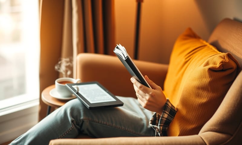 在一個舒適的角落，有人正愜意地用電子書閱讀器看書，旁邊還有一杯熱茶。