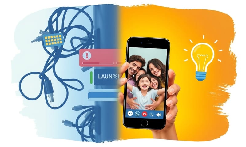 一個分割畫面：左邊是混亂的科技挫折感，右邊是科技帶來的溫暖連結。