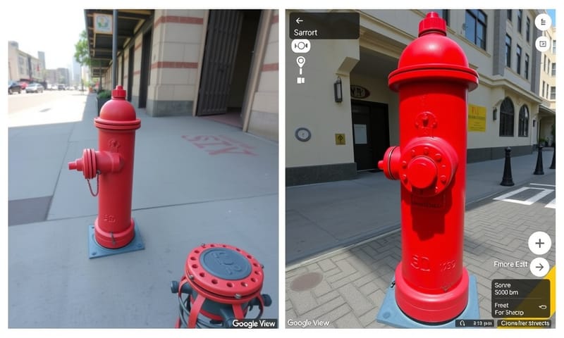 左邊是原始照片中的特徵物，右邊是在 Google 街景中找到的完全吻合的畫面，完成定位。