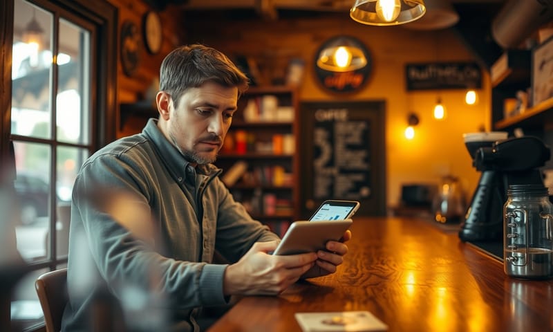 小型咖啡店老闆在打烊後，用平板檢視 AI 機器人的後台數據