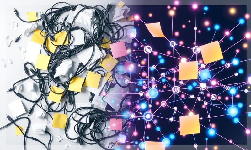 自動化流程前後的對比，從雜亂到有序的抽象視覺化