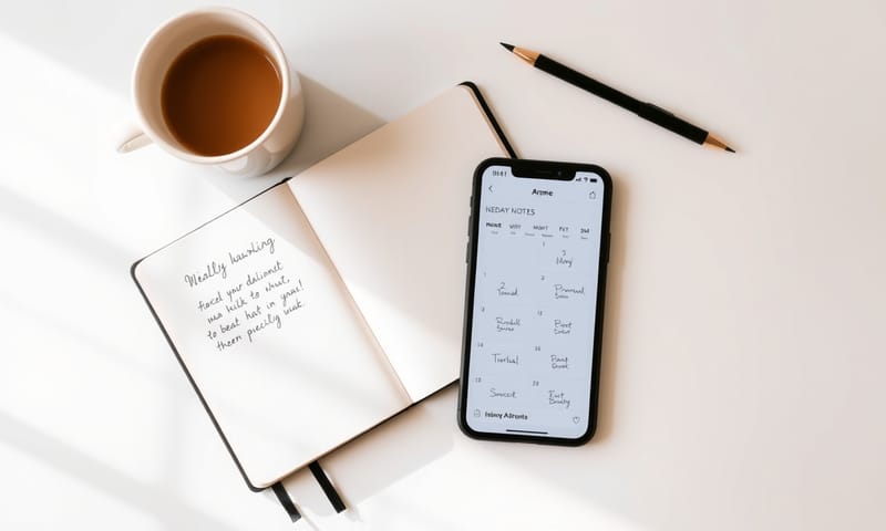 一個簡單的工作環境：只有筆記本、手機行事曆和咖啡。
