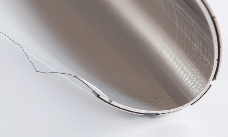 一個失敗的折彎範例，在鋁板的折角處出現了明顯的裂痕。