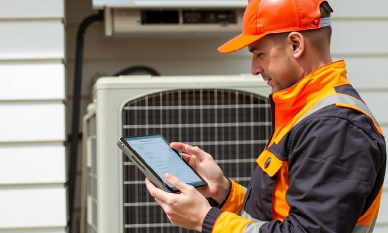 技師在客戶現場使用平板電腦更新工作狀態