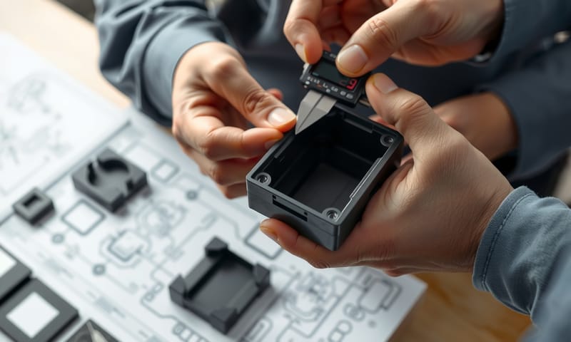 工程師使用卡尺對塑膠件進行精密的尺寸檢測