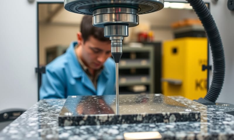 品檢人員正在用三次元量測儀 (CMM) 檢查定位銷的精度。