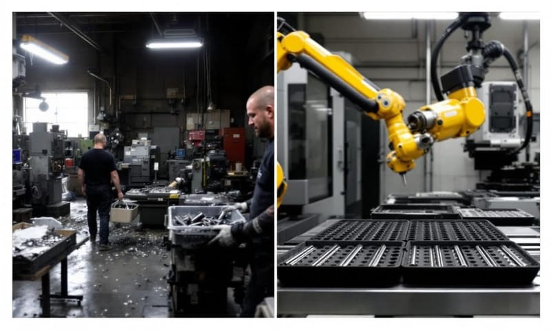 傳統製程（左）的混亂對比現代 CNC（右）的簡潔，完全是兩個世界。