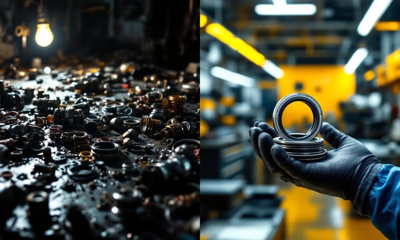 組件式軸封與卡匣式軸封的直觀對比：左邊是需要專業組裝的零散零件，右邊是整合好、易於安裝的單一模組。