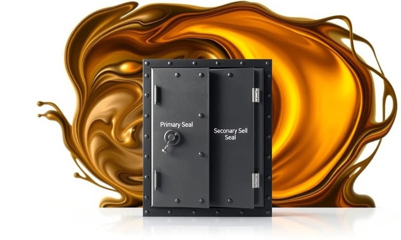 雙軸封概念圖：內外兩道密封，如同金庫的雙重門，中間的緩衝區提供額外保護，防止危險介質直接洩漏。