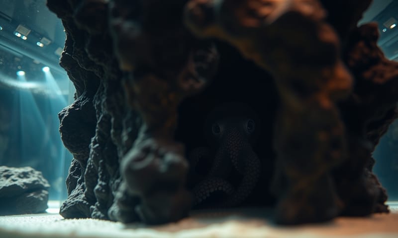 小說中的場景想像：一隻章魚在水族箱的洞穴中，眼神似乎充滿智慧，正凝視著外界。