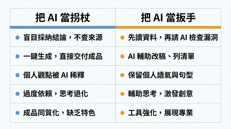 比較圖：同樣叫「用 AI」，其實是兩條不同的路