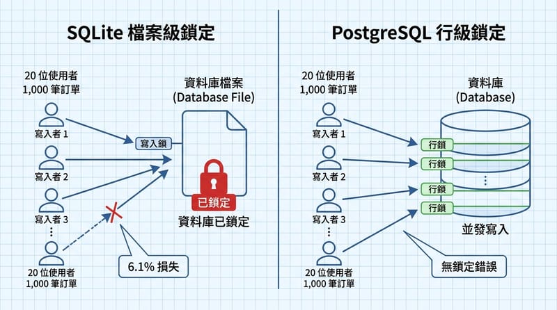 核心機制詳解：並發寫入與鎖定（SQLite vs PostgreSQL row-level locking）