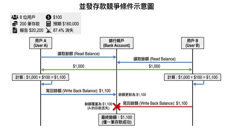 補充或總結：競態條件（race condition）如何造成 lost update
